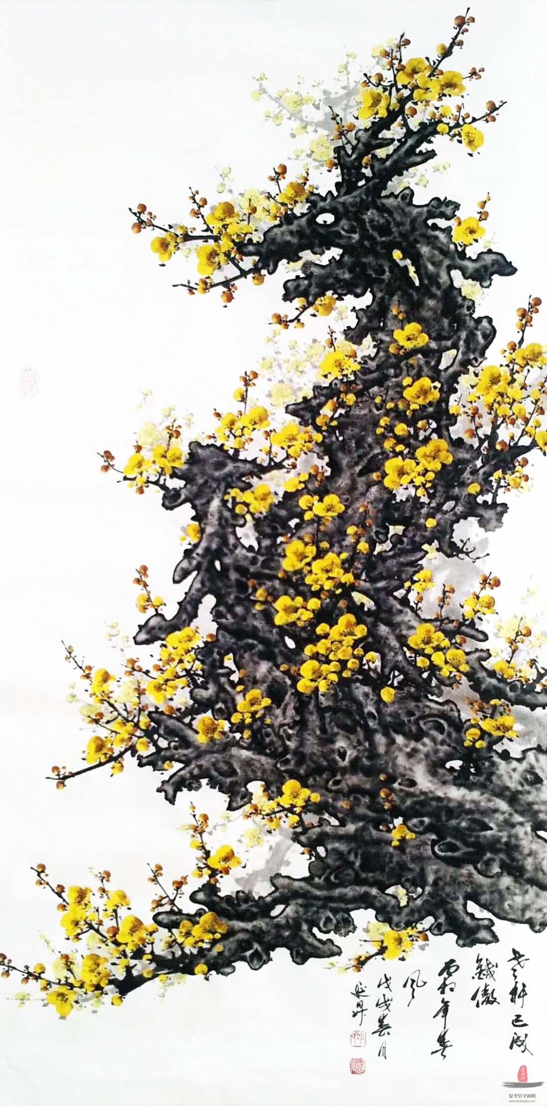 冷延升花鸟画《老杆已成铁傲骨年春风》
